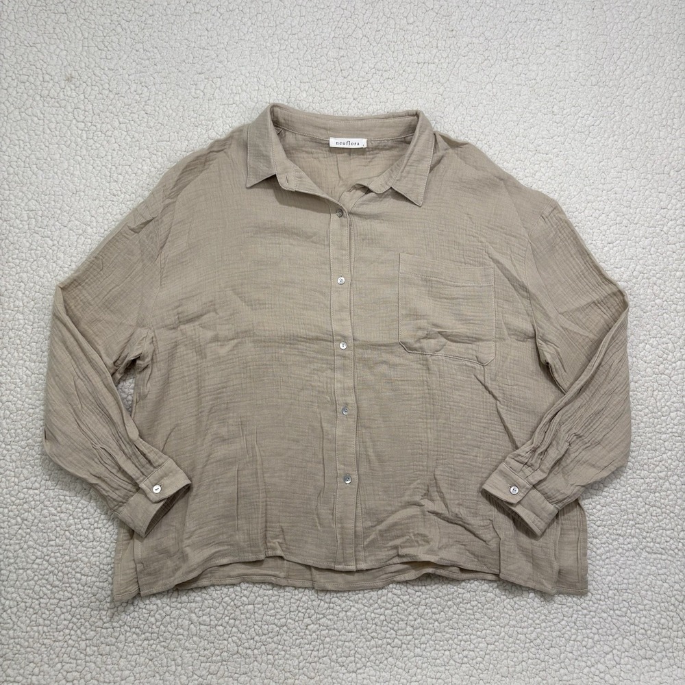 Neuflora Cotton Gauze Blouse Button Collared Size S Beige Mother Of Pearl Button